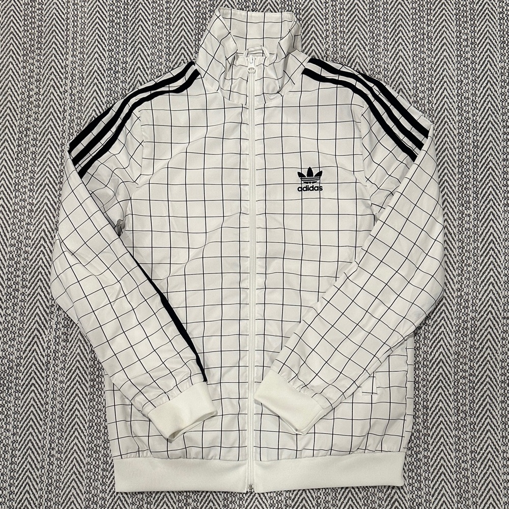 Adidas Men's White and Black Grid Windbreaker